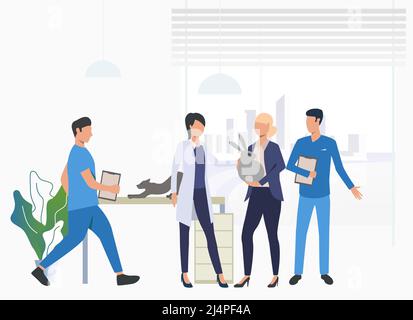 Rabbit and cat owner visiting vet doctors. Pet treatment, consultation, animal care concept. Vector illustration can be used for topics like health, v Stock Vector