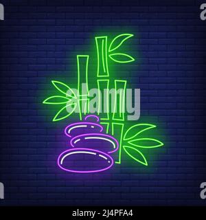 Bamboo and stones neon sign. Spa, Asia, massage design. Night bright neon sign, colorful billboard, light banner. Vector illustration in neon style. Stock Vector