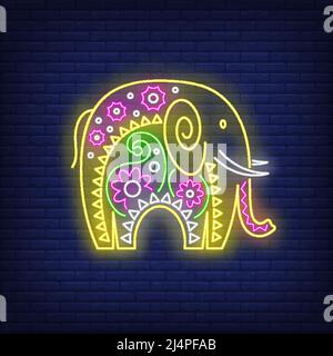 Decorated Indian elephant neon sign. Culture, religion, animal design. Night bright neon sign, colorful billboard, light banner. Vector illustration i Stock Vector