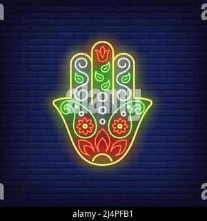 Fatima hand neon sign. Protection, spirituality, religion design. Night bright neon sign, colorful billboard, light banner. Vector illustration in neo Stock Vector