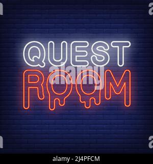 Quest room neon sign. Bloody letters on brick wall background. Glowing banner or billboard elements. Vector illustration in neon style for posters, fl Stock Vector