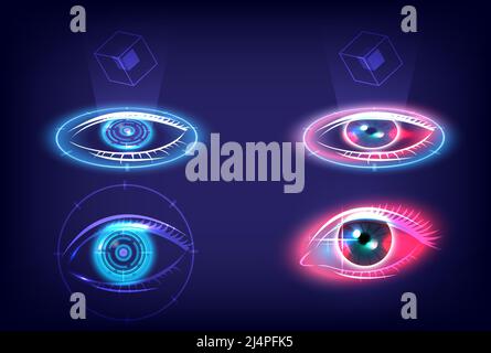 Virtual reality users. Sci-fi high-technology stage collection in glowing HUD. Biometric eye Security of privacy. Hologram portal swirl light. Magic w Stock Vector