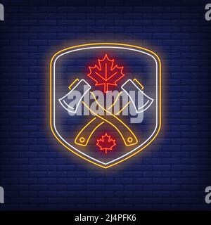Shield with crossed axes and maple leaf neon sign. Canada, autumn, advertisement design. Night bright neon sign, colorful billboard, light banner. Vec Stock Vector