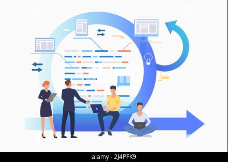 Teem discussing project at Kanban board. Scrum meeting, conversation, working on laptop. Business concept. Vector illustration can be used for present Stock Vector