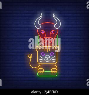 Totem pole with buffalo and tiger neon sign. Culture, idol, religion design. Night bright neon sign, colorful billboard, light banner. Vector illustra Stock Vector