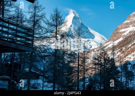 Snow covered Matterhorn mountain and trees seen from resort against sky in alps Stock Photo