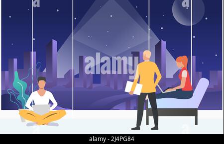 Team working on project in evening. People using laptops in evening. Internet connection concept. Vector illustration can be used for topics like tele Stock Vector