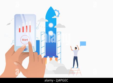 Hands holding smartphone with bar chart on screen, rocket. Start, financial growth metaphor concept. Vector illustration can be used for topics like b Stock Vector