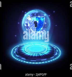 Abstract holographic background. Futuristic glowing HUD of hologram padlock with keyhole-shield icon in personal data security. Cyber globe and safety Stock Vector