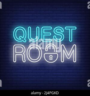 Quest room neon sign. Text with lock instead letter. Glowing banner or billboard elements. Vector illustration in neon style for posters, flyers, sign Stock Vector