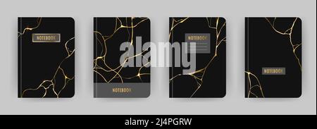 Cover page notebook collection. Templates with kintsugi effect on black background. Perfect for diary, books, magazines, journals, catalogs, planners Stock Vector