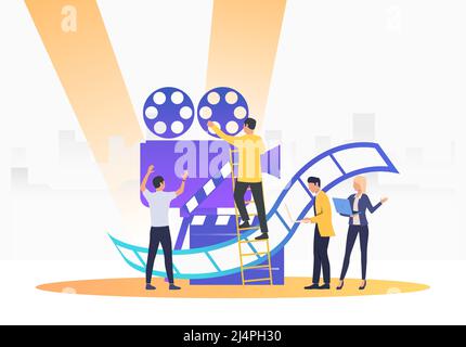 People creating film. Camera, scenario, actors. Filmmaking concept. Vector illustration for presentation slide, poster, new project Stock Vector