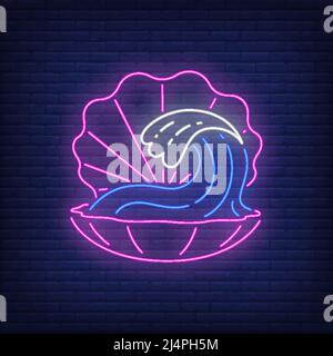 Pink shell neon sign. Open seashell with ocean wave inside on brick wall background. Glowing banner or billboard elements. Vector illustration in neon Stock Vector