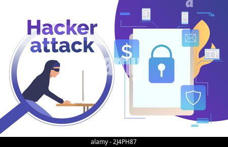 Cyber burglar hacking into device. Tablet with lock on screen, fire, money, email, shield signs. Data safety concept. Vector illustration can be used Stock Vector