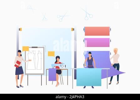 Designer, dressmakers ironing and sewing clothes in tailor shop. Tailoring, fashion, custom clothing concept. Vector illustration can be used for topi Stock Vector