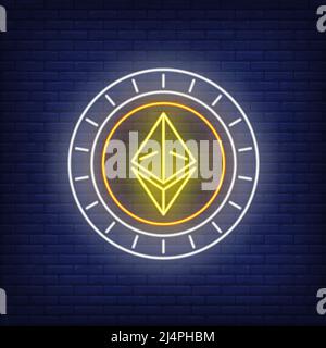 Ethereum cryptocurrency coin neon sign. Crypto currency, blockchain, money design. Night bright neon sign, colorful billboard, light banner. Vector il Stock Vector