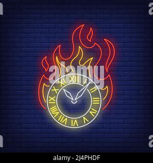 Burning clock neon sign. Watch, flame, fire. Time concept. Vector illustration in neon style, glowing element for topics like short term, deadline, pr Stock Vector