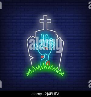 Graveyard with gravestone and zombie hand neon sign. Halloween, monster, horror design. Night bright neon sign, colorful billboard, light banner. Vect Stock Vector