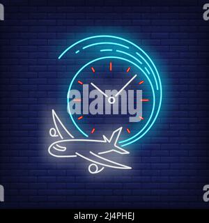 Departing time neon sign. Clock, watch, plane. Time concept. Vector illustration in neon style, glowing element for topics like flight, schedule, trav Stock Vector