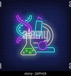 Laboratory neon sign. Chemical beaker, microscope, DNA molecule. Back to school concept. Vector illustration in neon style, glowing element for topics Stock Vector