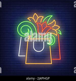 Paper bag with flowers neon sign. Summer, flowers, shopping, sale. Summer shopping concept. Vector illustration in neon style for advertising, summer Stock Vector