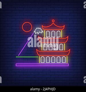 Traditional Japanese building, mountain and sun neon sign. Japan, Asia, culture design. Night bright neon sign, colorful billboard, light banner. Vect Stock Vector