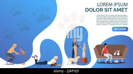 Cat, dogs and rabbits owners having leisure time. Fun, animal, friend concept. Presentation slide template. Vector illustration for topics like lifest Stock Vector