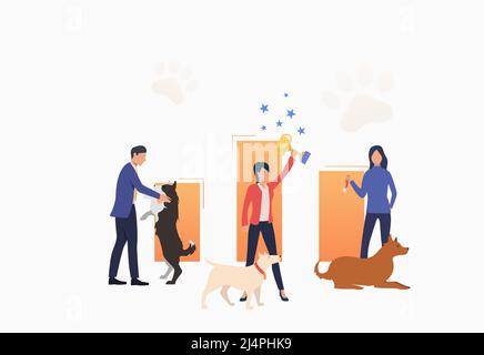 Dog owners celebrating victory and holding trophy. Winner, award, animal concept. Vector illustration can be used for topics like entertainment, compe Stock Vector