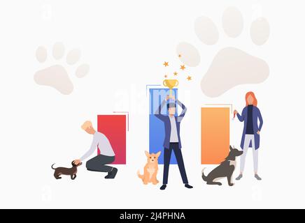Dog owners holding trophy and celebrating victory. Winner, award, animal concept. Vector illustration can be used for topics like entertainment, compe Stock Vector