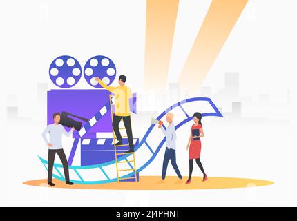 Camera crew making film. Camera, scenario, actors. Filmmaking concept. Vector illustration for presentation slide, poster, new project Stock Vector