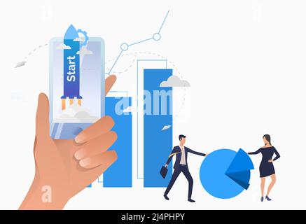 Hand holding smartphone with rocket on screen and diagrams. Start, financial growth metaphor concept. Vector illustration can be used for topics like Stock Vector