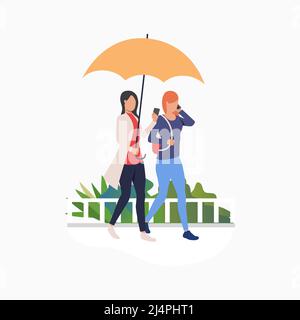 Women walking under umbrella and using smartphones. Fun, lifestyle, weekend concept. Vector illustration can be used for topics like friendship, techn Stock Vector