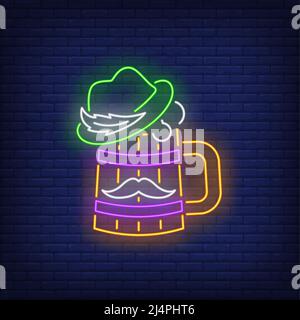 Beer mug with hat and moustache neon sign. Brasserie, sport bar Oktoberfest, St. Patrick's Day. Night bright advertisement. Vector illustration in neo Stock Vector