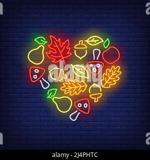 Autumn harvest neon sign. Heart shaped bunch of fall leaves, mushrooms, fruits and acorns. Autumn concept. Vector illustration in neon style, glowing Stock Vector