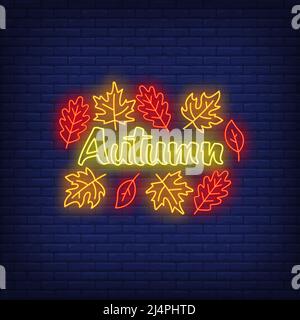 Autumn neon sign. Word, text, fall leaves. Autumn concept. Vector illustration in neon style, glowing element for sale banners, seasonal posters, flye Stock Vector