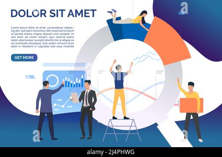 Team of analysts working on charts. Business, marketing, teamwork. Analysis concept. Vector illustration can be used for presentation slide, landing p Stock Vector