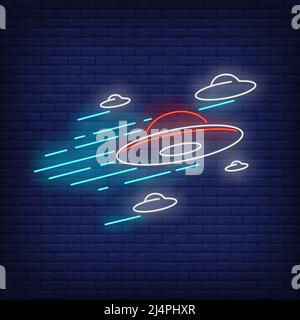 Flying saucers neon sign. Invasion, fantasy, extraterrestrial intelligence design. Night bright neon sign, colorful billboard, light banner. Vector il Stock Vector