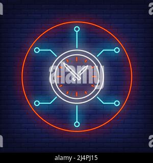 Clock with circuit board neon sign. Watch, circle, networking. Time concept. Vector illustration in neon style, glowing element for topics like artifi Stock Vector