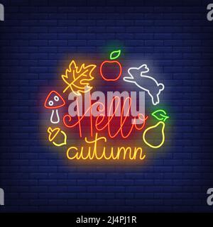 Hello autumn neon sign. Rabbit, fruit, mushroom, leaf, text sample on brick background. Autumn concept. Vector illustration in neon style, glowing ele Stock Vector