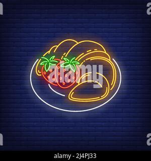 Pancakes with strawberries neon sign. Restaurant, cafe, breakfast design. Night bright neon sign, colorful billboard, light banner. Vector illustratio Stock Vector