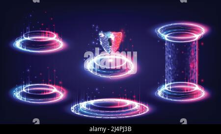 Sci-fi high-technology stage collection in red and blue glowing HUD. Hologram portal swirl light of science futuristic. Magic warp gate in game fantas Stock Vector