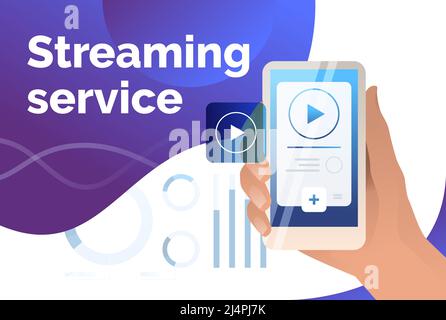 Streaming service presentation slide template. Hand holding smartphone with player interface. Watching video concept. Vector illustration can be used Stock Vector