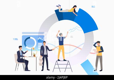 Team leader managing project. Office employees building diagram. Analysis concept. Vector illustration can be used for topics like statistics, data an Stock Vector