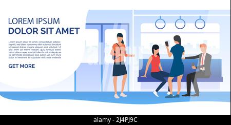 Train passengers using mobile phones in carriage. City, commuting, station. Public transport concept. Vector illustration can be used for presentation Stock Vector