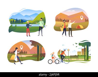 Collection of young people enjoying active leisure. Group of people finding locations, riding bicycle and fishing. Flat colorful vector illustration f Stock Vector