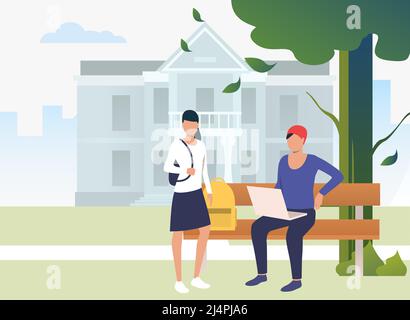 Students studying and chatting in campus park. Information, university, nature concept. Vector illustration can be used for topics like knowledge, rel Stock Vector