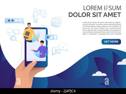 Hand holding smartphone with client comments vector illustration. Feedback online, client review, social networking. Feedback concept. Can be used for Stock Vector