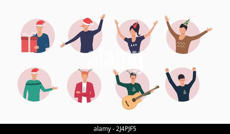 Celebrating people set. Men and women in Christmas hats and deer antlers waving hands and having fun. Holiday concept. Vector illustration for topics Stock Vector