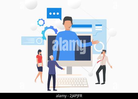 Phone agent wearing headset and consulting customers. Computer, assistance, telemarketing concept. Vector illustration can be used for topics like cus Stock Vector