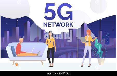 Man and women using laptops and cellphone. Communication, 5G network, digital technology. Internet concept. Vector illustration can be used for banner Stock Vector
